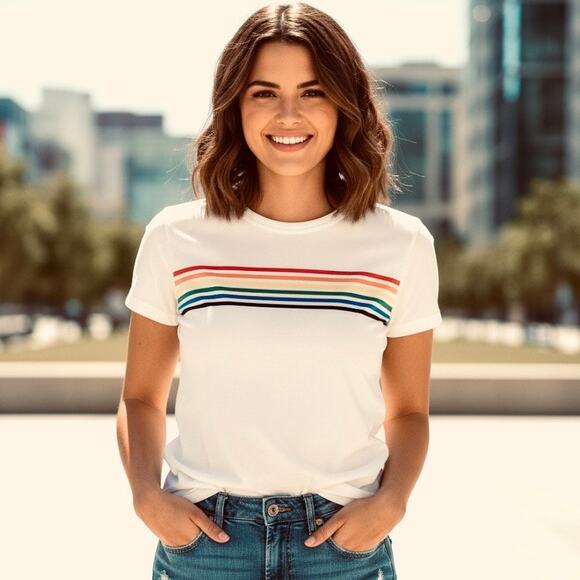 Marine Layer NWOT Ivory Short Sleeve Pride Rainbow Stripes T-shirt size XS - Picture 7 of 10